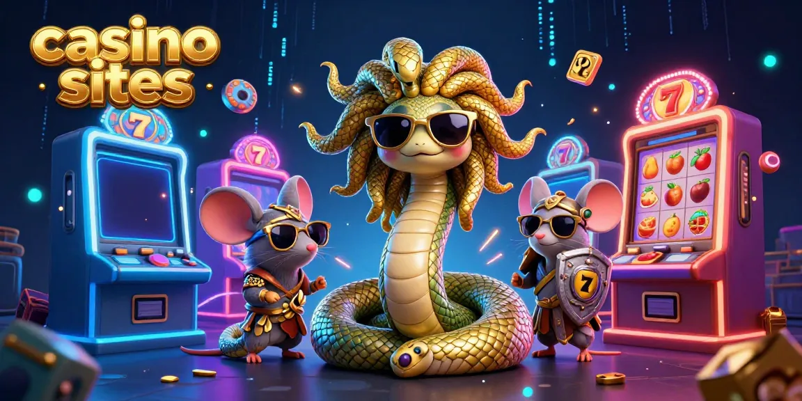 Engaging 3D cartoon scene showcasing casino sites with Medusa, a warrior mouse, and colorful slot machines.