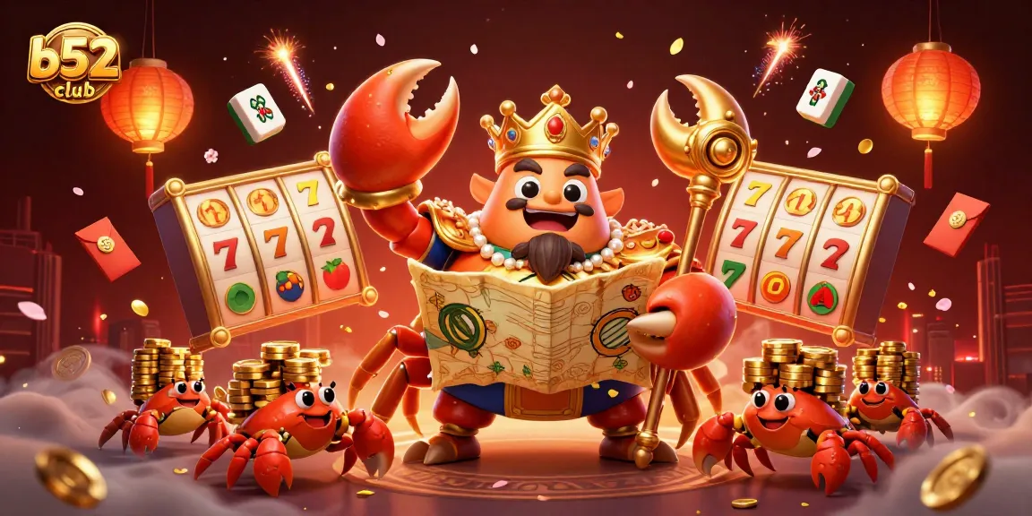 Spin the reels of fortune at b52club with an emperor crab and treasure map in this vibrant casino scene.