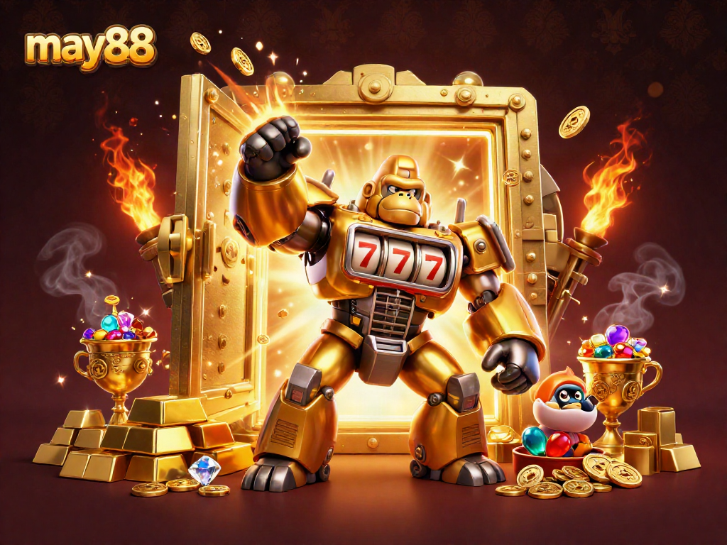 Experience the thrilling action of may88 with a golden gorilla mech and explosive coins in a dynamic casino scene.