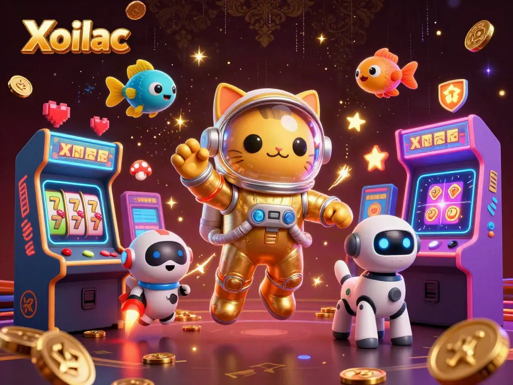 Xoilac combines stunning gaming aesthetics with a cosmic theme featuring a space cat and dog, alongside vibrant slot elements.