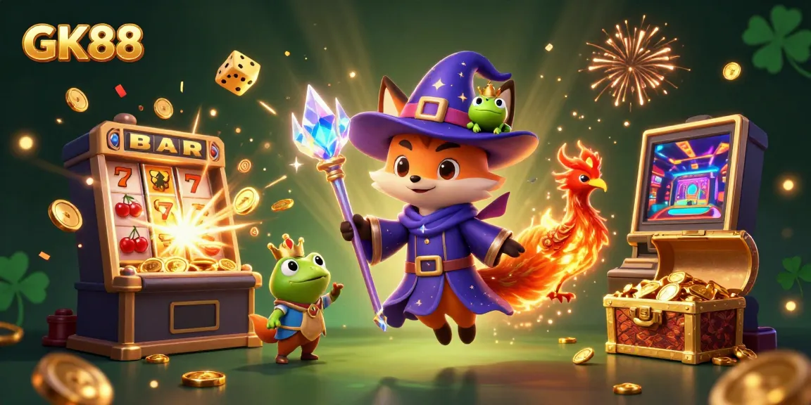 Engage with GK88's vibrant casino scene featuring a mystical wizard fox and a fiery phoenix.