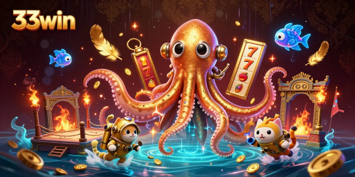 Experience thrilling gameplay with 33win's immersive casino atmosphere featuring a colossal kraken and dynamic characters.