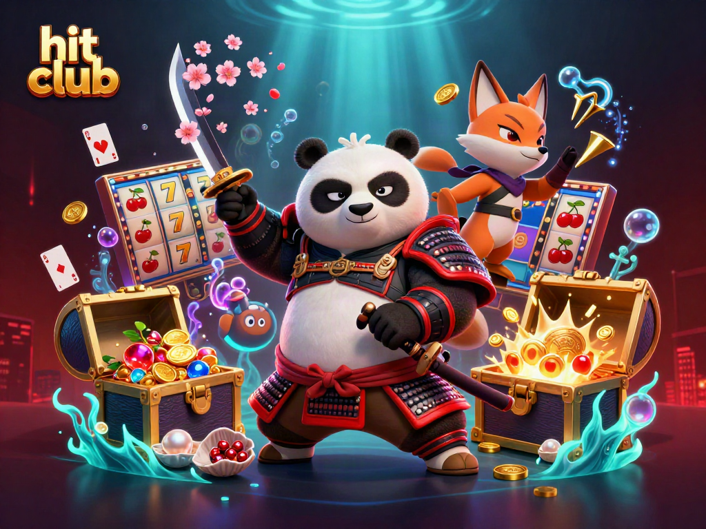 Experience the thrill of hit club with a fierce panda samurai, dynamic gameplay elements, and vibrant casino imagery.