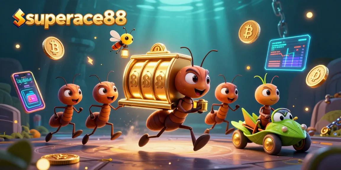 Experience superace88 with a cartoon heist scene featuring ants and golden slot machines.