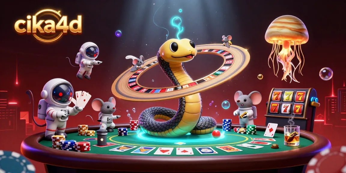 Engaging cika4d casino scene featuring a Saturn ring snake and adventurous astronaut mice