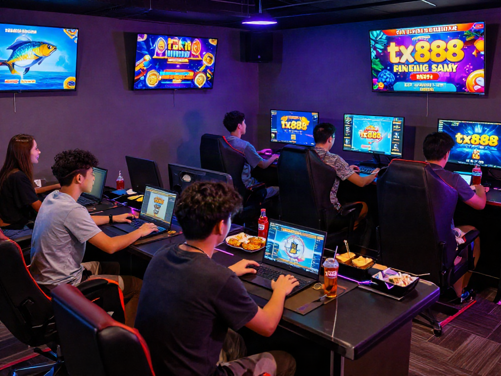 Friends enjoying gaming at tx888 online betting lounge with vibrant atmosphere.