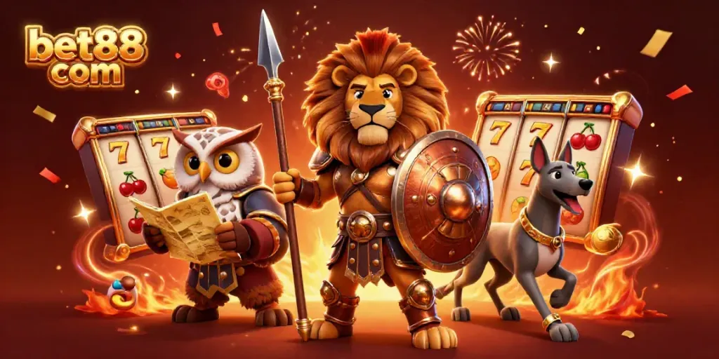 Join the action at bet88 com with a dynamic casino scene featuring a Spartan lion, owl strategist, and swift greyhound amidst vibrant gaming elements.