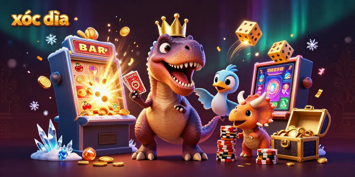 Engaging xóc đĩa scene with a T-Rex, a pterodactyl, and a triceratops, surrounded by casino elements.