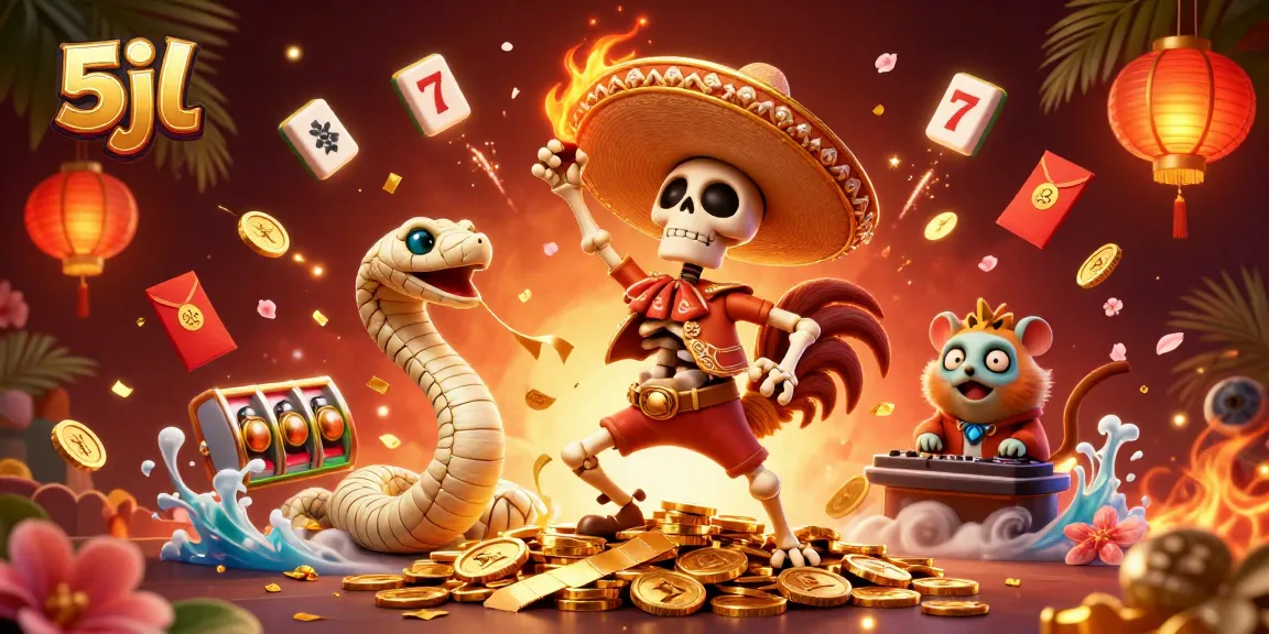 Engage with 5jl as the dancing skeleton mariachi rooster celebrates over riches in this vibrant casino illustration.