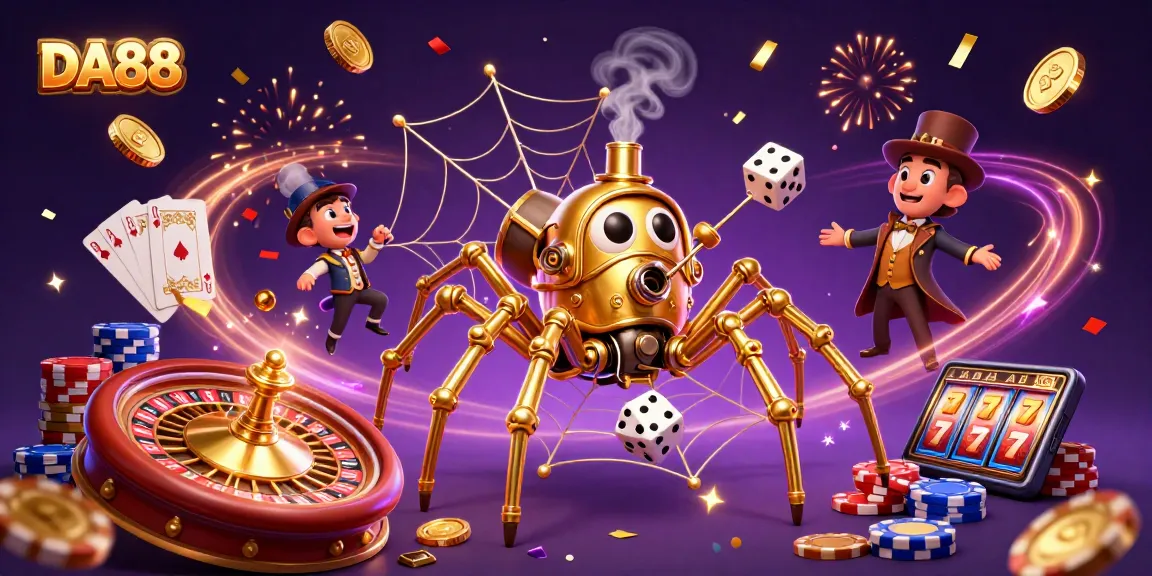 DA88 casino scene showcasing a steampunk spider and fly gentleman in vibrant, dynamic settings.