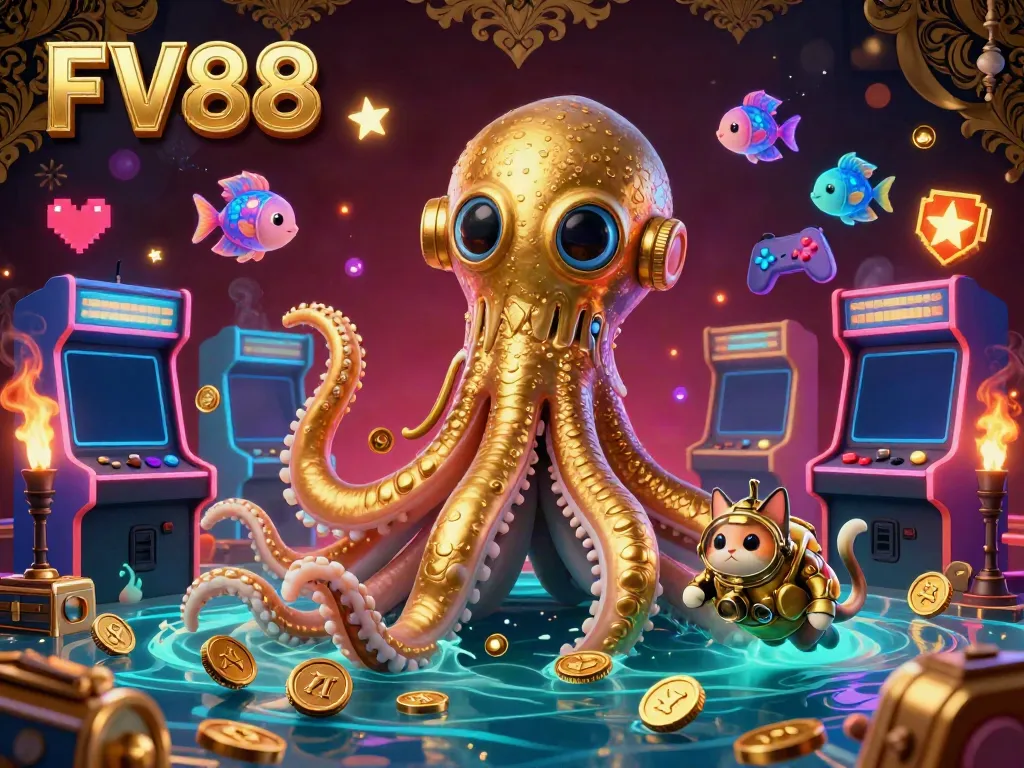 Engage with FV88's vibrant casino experience featuring a colossal kraken and a diving cat in a treasure-filled ocean.
