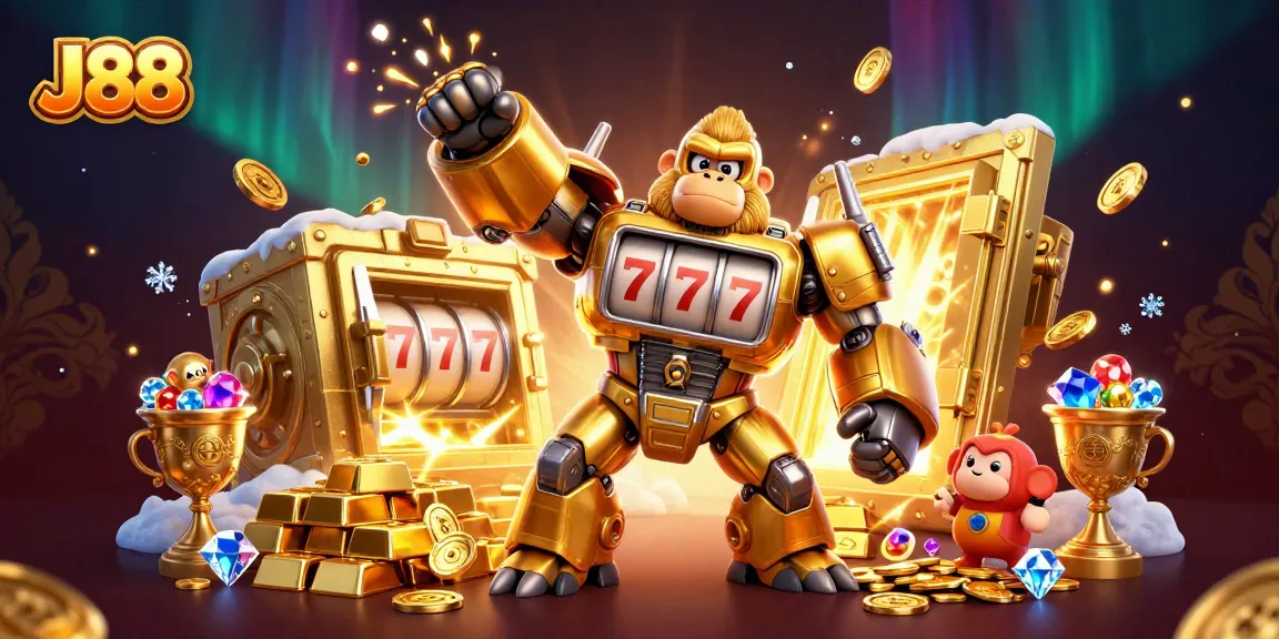 Experience thrilling gaming action with the J88 golden gorilla mech and dynamic casino elements.