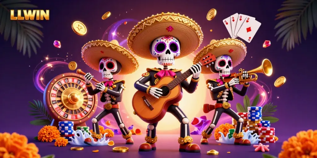 Experience thrilling casino action with LLWIN, featuring a Day of the Dead mariachi band among cascading coins and vibrant game elements.
