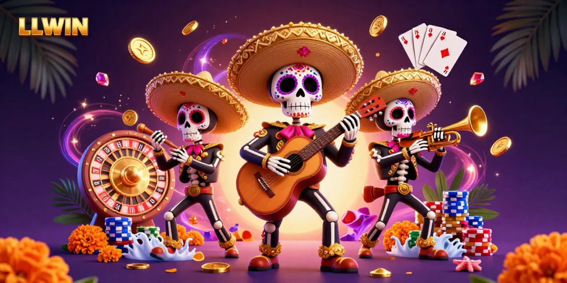 Experience thrilling casino action with LLWIN, featuring a Day of the Dead mariachi band among cascading coins and vibrant game elements.