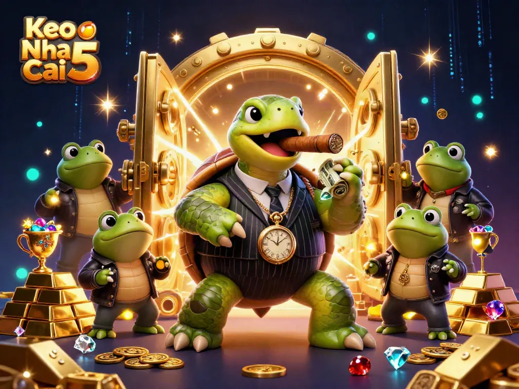 Experience the thrill of Keo Nha Cai 5 with an exciting 3D illustration showcasing a turtle mobster and frog enforcers.