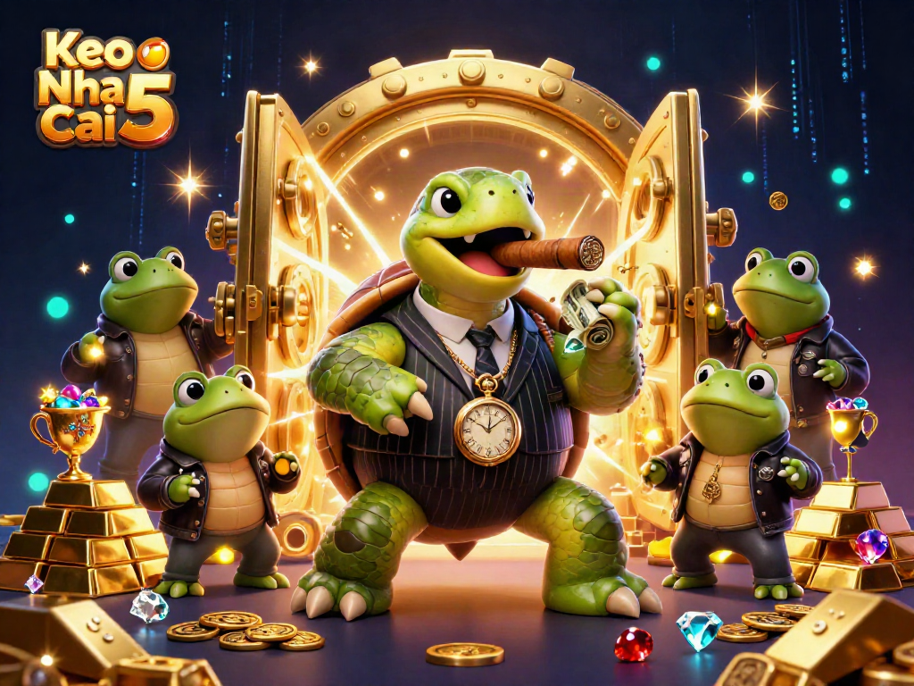 Experience the thrill of Keo Nha Cai 5 with an exciting 3D illustration showcasing a turtle mobster and frog enforcers.