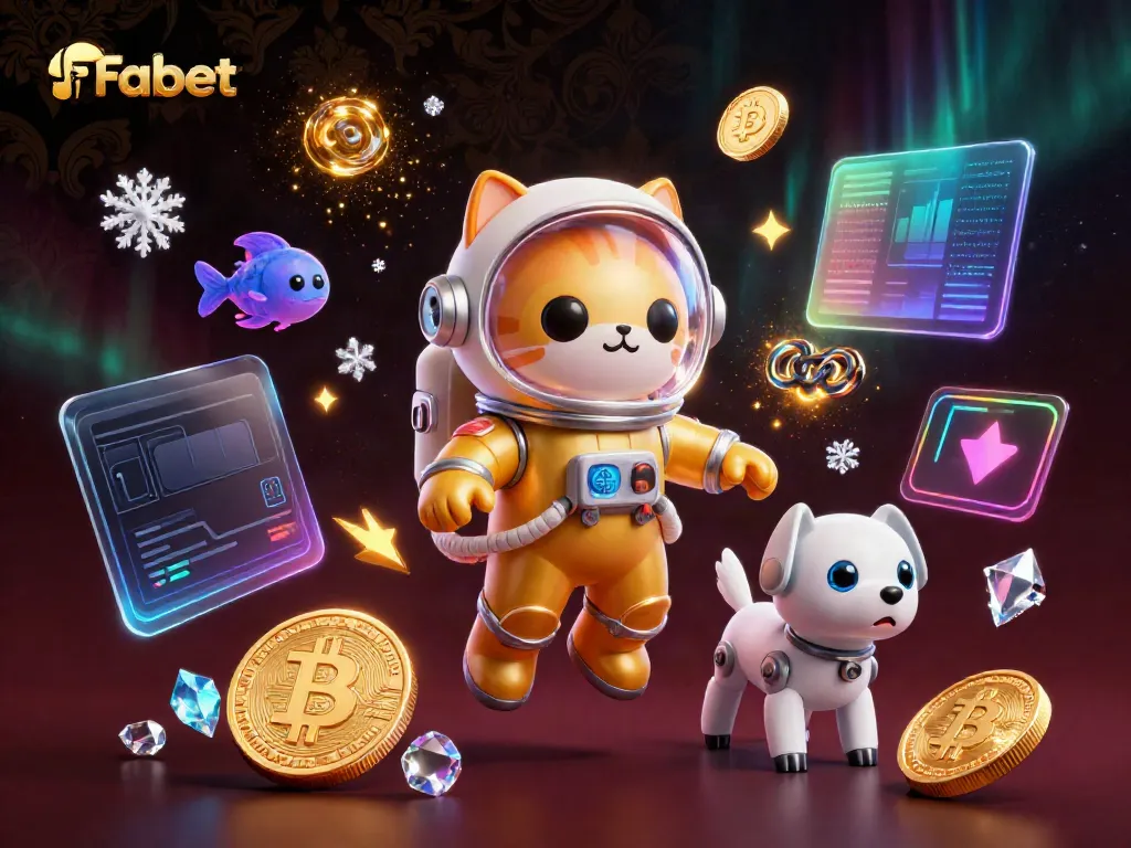Fabet showcases a thrilling casino scene with a space astronaut cat amid floating currency symbols in a dynamic atmosphere.