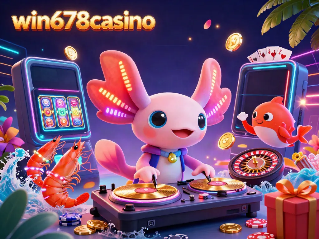 Experience the excitement of win678casino with a vibrant 3D illustration of an axolotl DJ surrounded by colorful casino game elements.