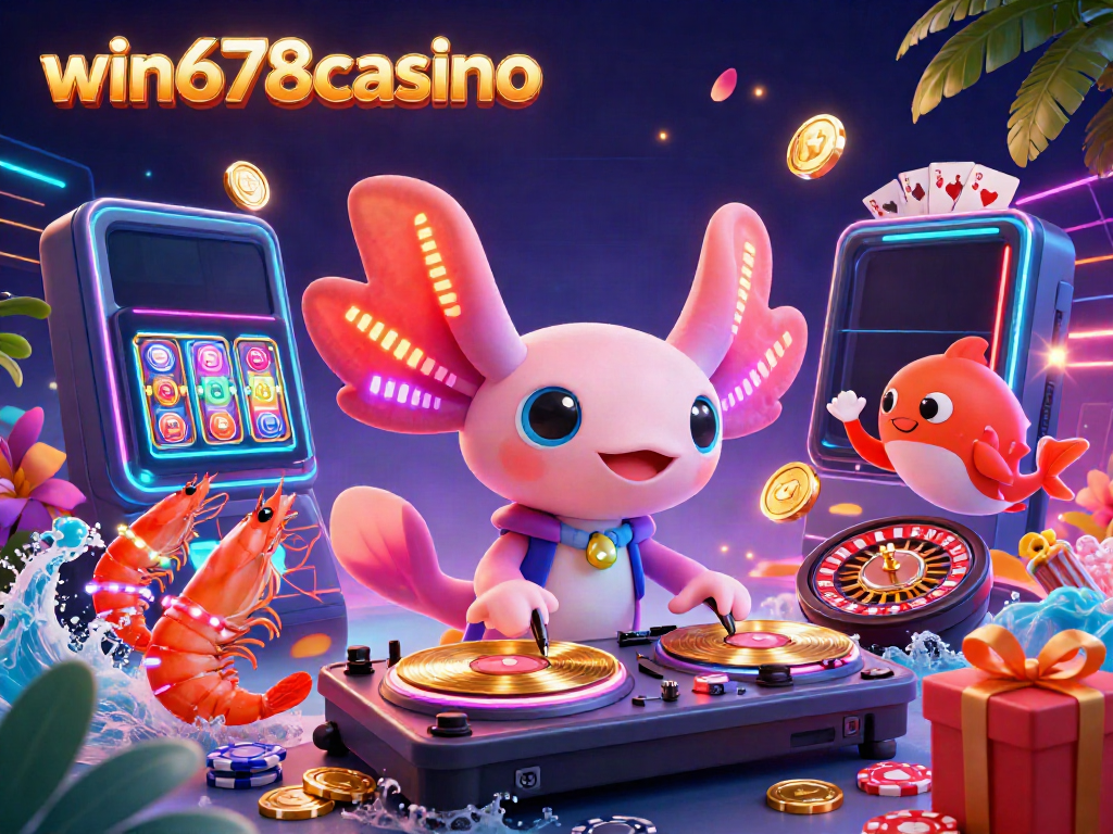 Experience the excitement of win678casino with a vibrant 3D illustration of an axolotl DJ surrounded by colorful casino game elements.