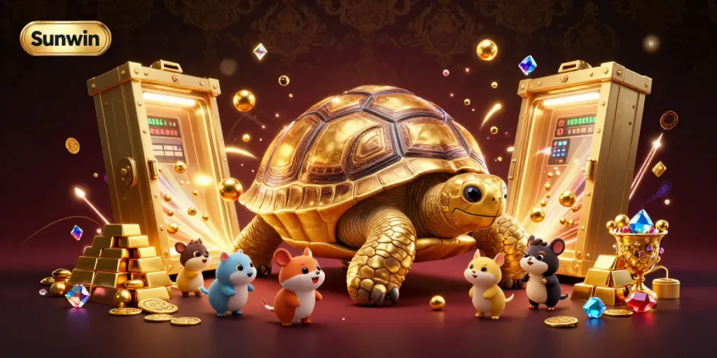 Experience the excitement of Sunwin with a vivid illustration of a golden tortoise pinball machine amidst treasures.