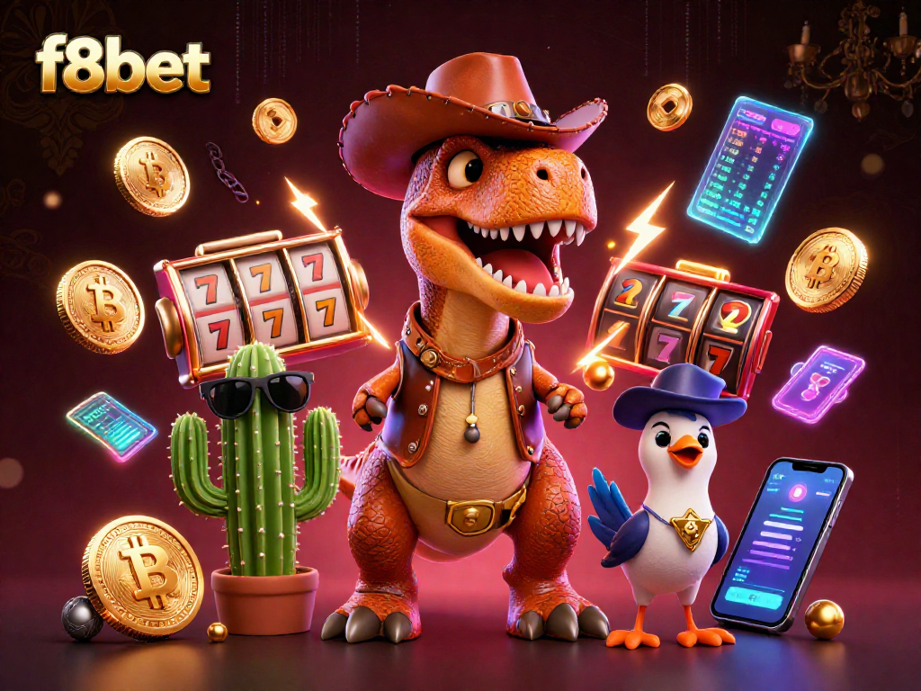 Engage with f8bet through vibrant slot games featuring a dinosaur cowboy and friends.