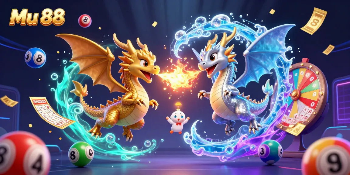 Celebrate big wins with Mu 88, featuring dynamic illustrations of dragons, lottery balls, and more.
