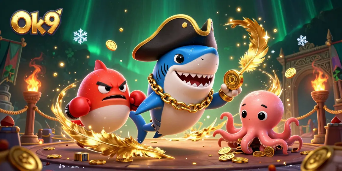 Experience exciting wins at Ok9 with a dynamic illustration featuring a shark, pufferfish, and octopus in a lively casino.