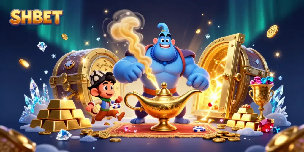 Win big with SHBET in a vibrant 3D scene featuring treasures and magical characters.