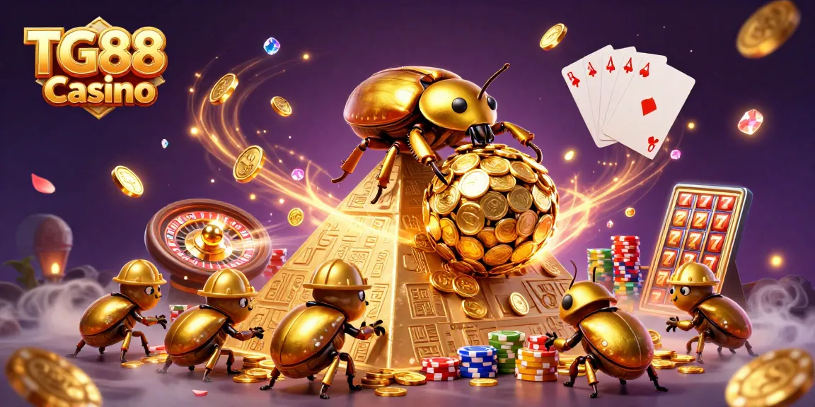 Engage in the vibrant world of TG88 Casino with golden coins and dazzling gems cascading around a lively pyramid scene.