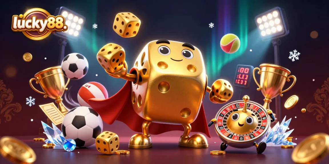 Experience thrilling gameplay at lucky88. with the vibrant illustration of golden dice and sports elements.