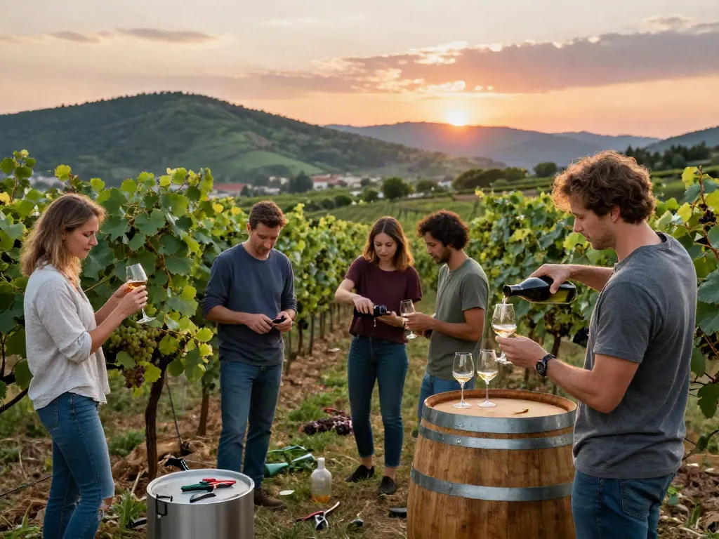 Diverse winemakers collaborating in a sunset vineyard scene, showcasing community and innovation at avpwinecollective.com.