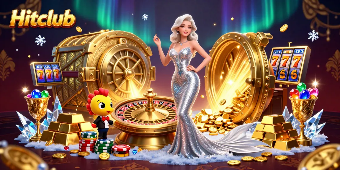 Spin the reels with Hitclub at a glamorous casino scene featuring a stunning woman and colorful treasures.