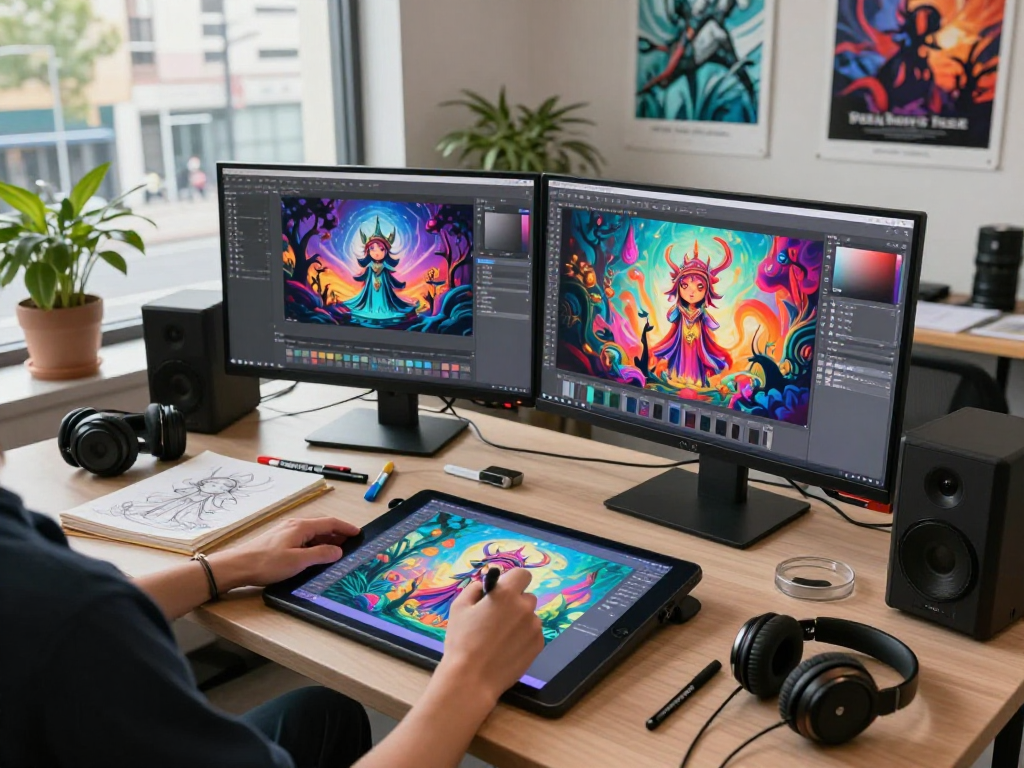 Creating dynamic NSFW AI digital art in a vibrant studio.