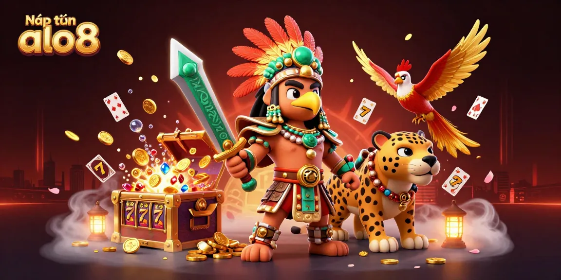 Experience the thrill of Nạp tiền alo8 with a vibrant 3D illustration featuring dynamic characters, treasures, and gaming elements.