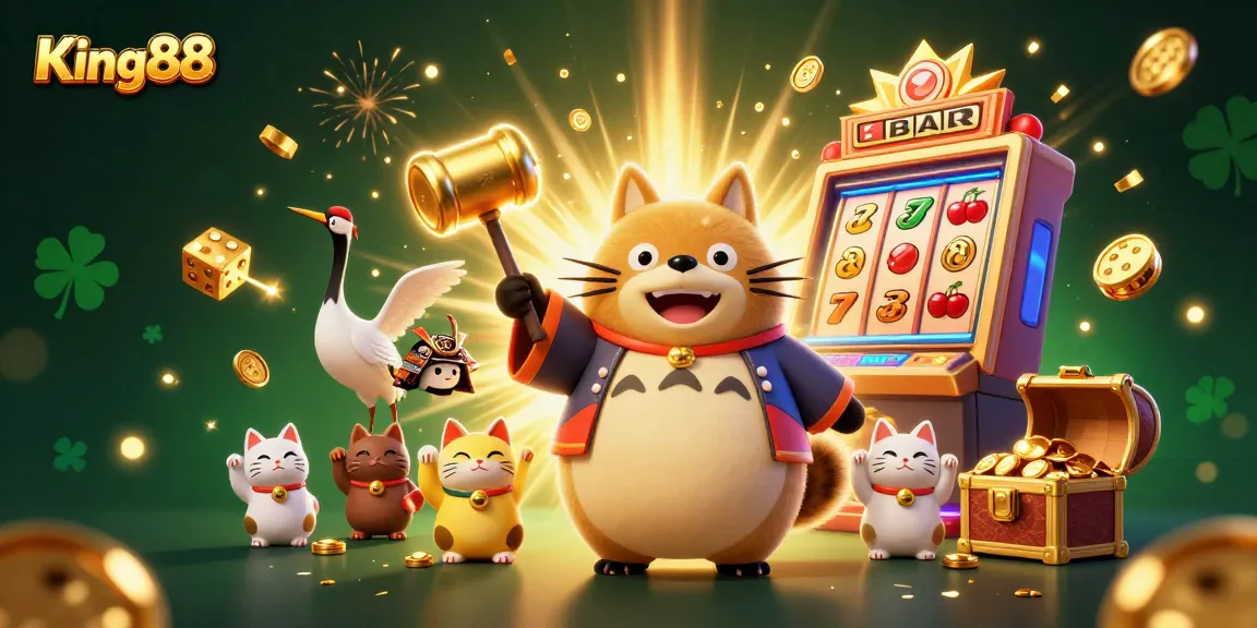 Engage with King88's vibrant casino atmosphere, featuring a cheerful tanuki and vibrant slot symbols.