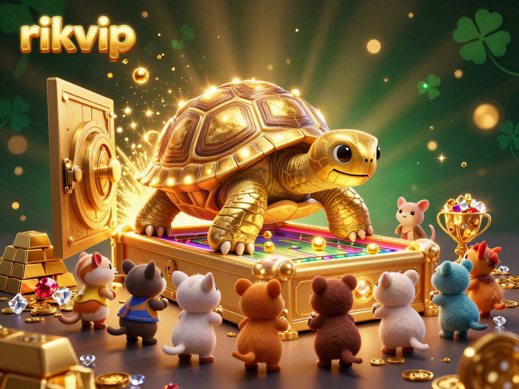 Experience the thrill at rikvip with a fun-filled 3D lottery scene featuring a colossal tortoise and sparkling treasures.