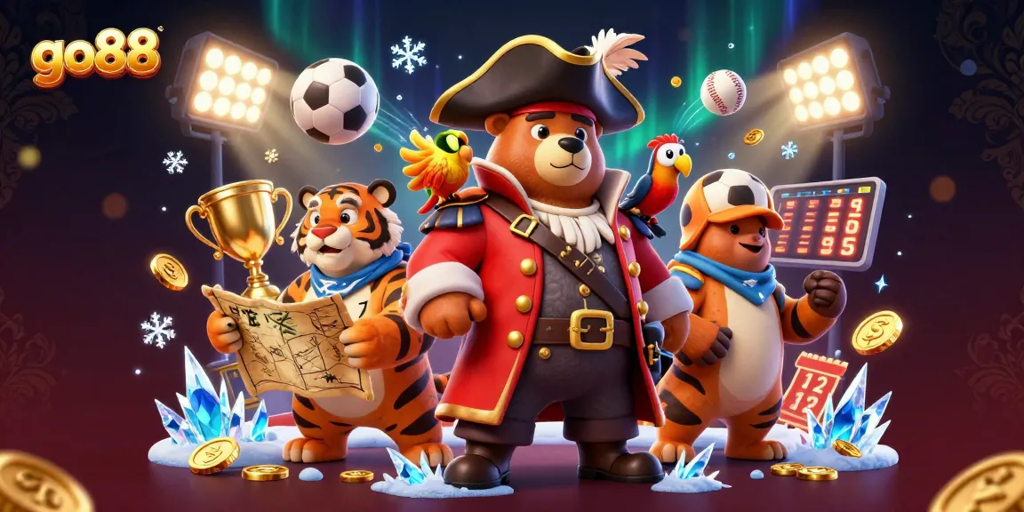 Experience go88's thrilling adventures with a pirate bear, tiger, and parrot surrounded by dynamic sports elements.