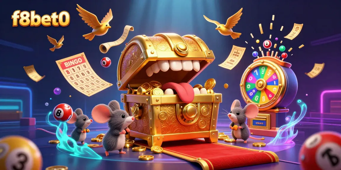 Play and win with f8bet0 in this vibrant casino-themed illustration featuring dynamic lottery and game elements.