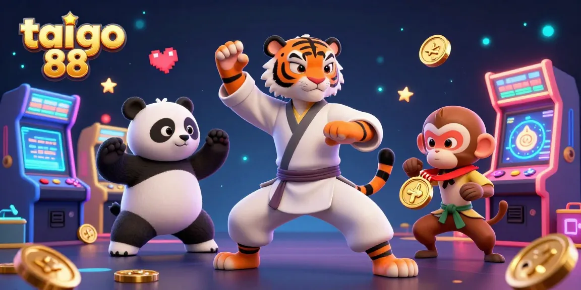 Win big with tai go 88 showcasing a kung fu tiger, panda, and monkey amid vibrant gaming elements.