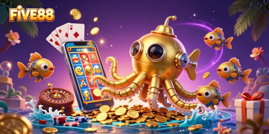 Engage with FIVE88's vibrant casino scene featuring a golden kraken and exciting gaming elements.