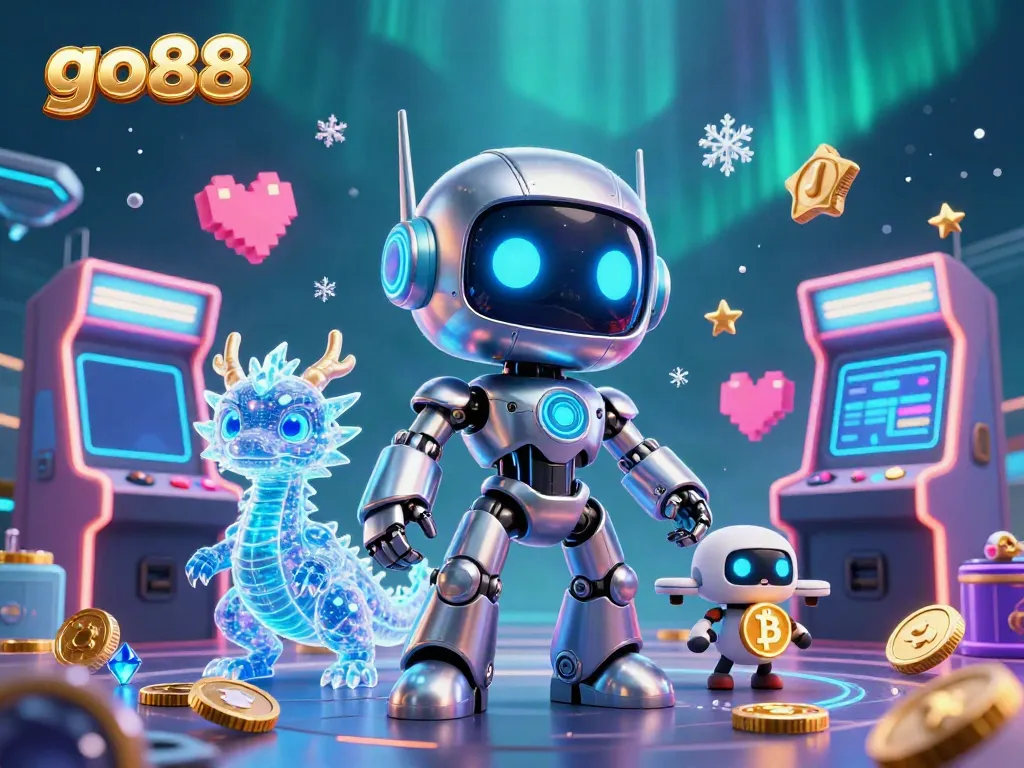 Engage with exciting games at go88, featuring a dynamic scene of robots, gaming machines, and captivating digital effects.