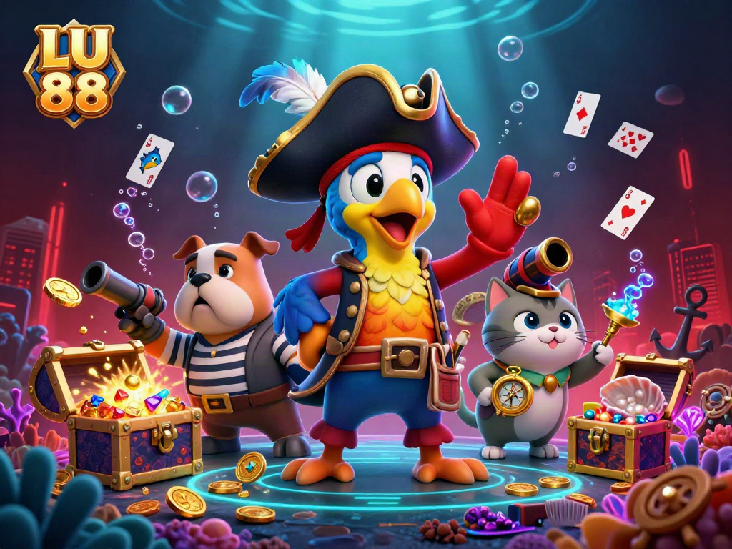 Engage in thrilling gameplay at LU 88 with a festive underwater treasure hunt featuring treasure, coins, and cards.