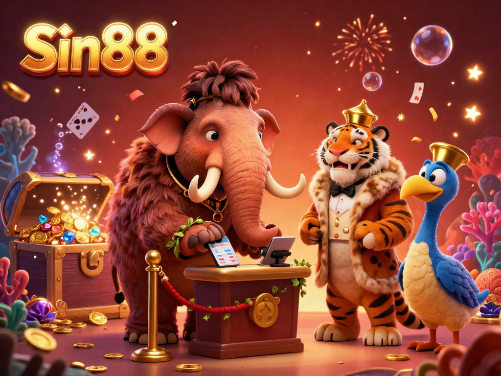 Sin88 casino scene featuring a woolly mammoth bouncer, a saber-tooth tiger VIP, and a dodo doorman amidst a vibrant atmosphere.