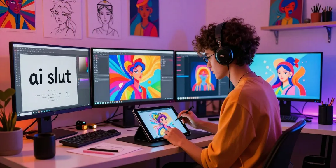 Creative digital artist designing ai slut artwork in a vibrant studio.