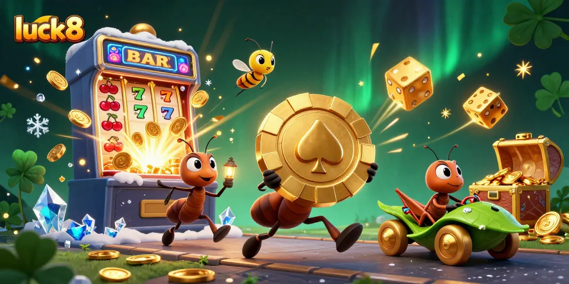 Experience the excitement of luck8 with 3D cartoon ants in a heist, showcasing vibrant casino activities.