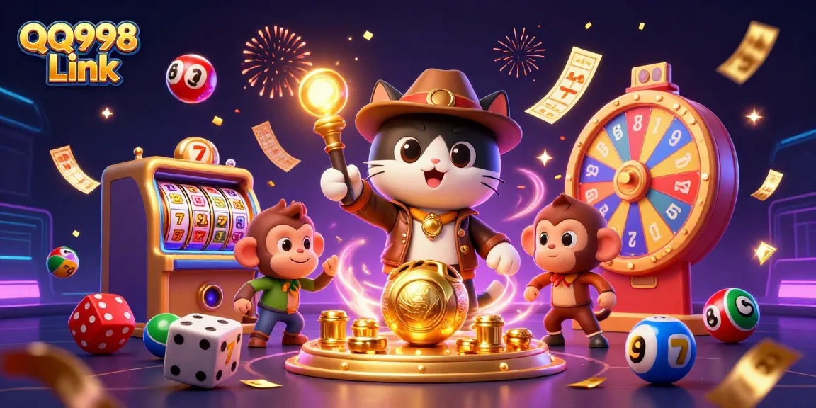 Engage with QQ998 Link game dynamics in a vibrant 3D casino adventure illustration.