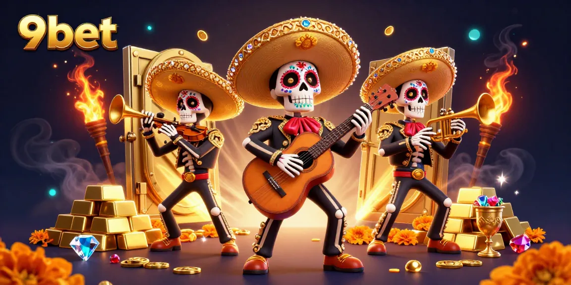 Engage with 9bet's vibrant casino experience featuring a festive mariachi band and abundant treasures.