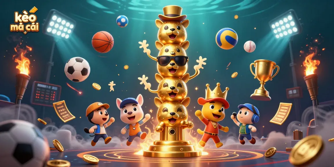 Experience kèo nhà cái with a magical totem pole and dynamic sports elements in this vibrant 3D illustration.