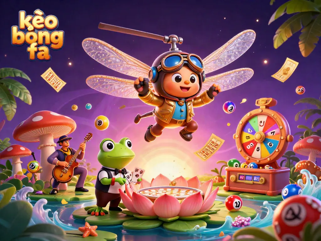 Engage with kèo bóng đá in a vibrant casino scene featuring a dragonfly pilot and frog dealer.
