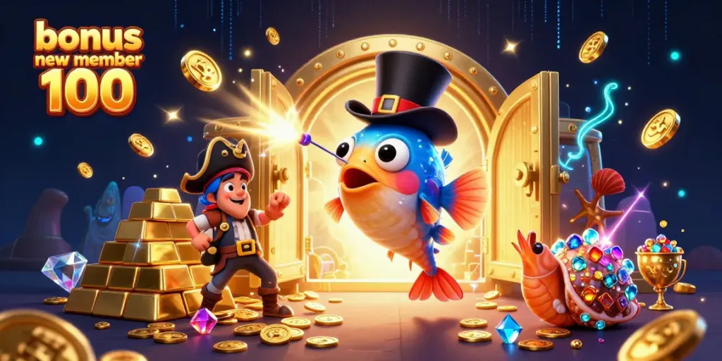 Catching vibrant bonuses with bonus new member 100 in a lively casino scene featuring playful sea creatures.